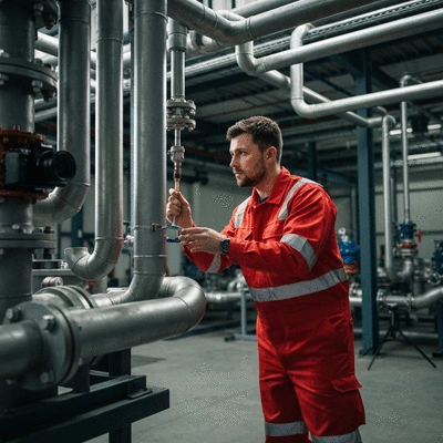 Un ouvrier inspectant une installation de tuyauterie dans un environnement industriel, mettant en évidence la robustesse des matériaux.