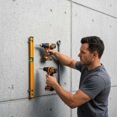 Professional installing pipe supports on a wall, showing proper technique and tools