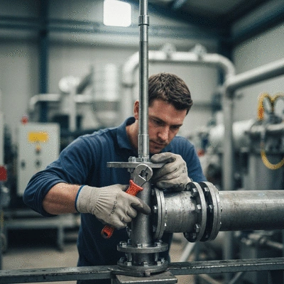 Close-up of a worker installing a pipe support in an industrial setting