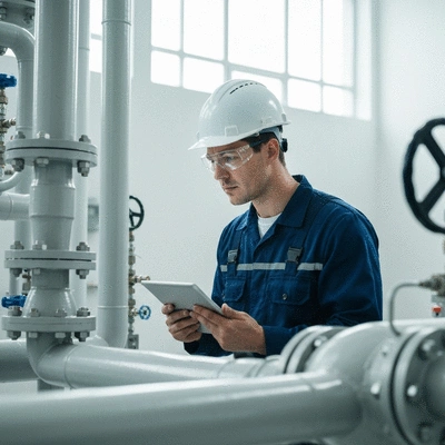 Engineer inspecting industrial piping system with a tablet