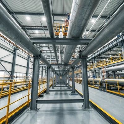 Industrial pipeline with robust support structures in a factory setting