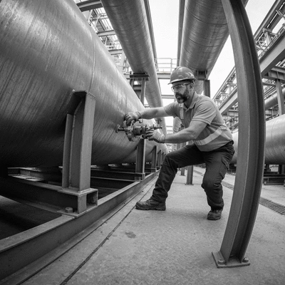 Engineer inspecting industrial pipes in a challenging environment