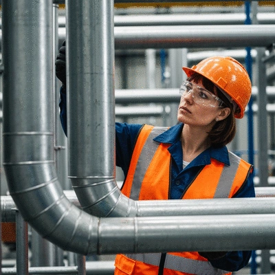 Engineer inspecting industrial pipes in a factory, focusing on support durability