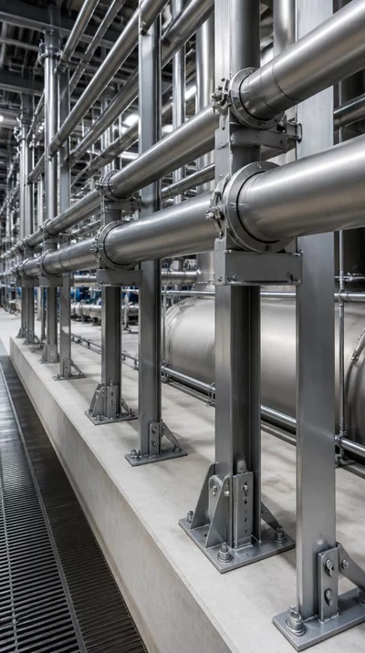 Industrial pipes with various types of supports installed, showcasing stability and safety