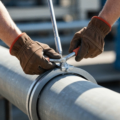 Close-up of a worker installing a pipe support accessory