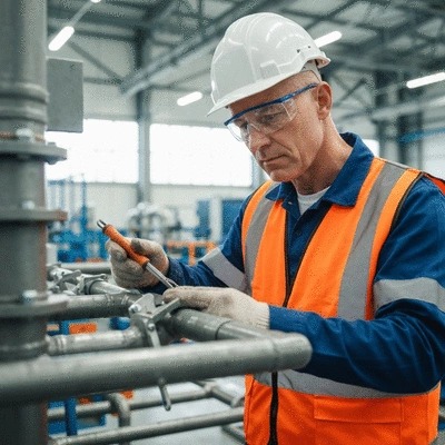 Industrial worker inspecting pipe support system