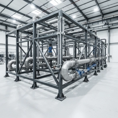 Industrial piping with custom supports in a factory setting