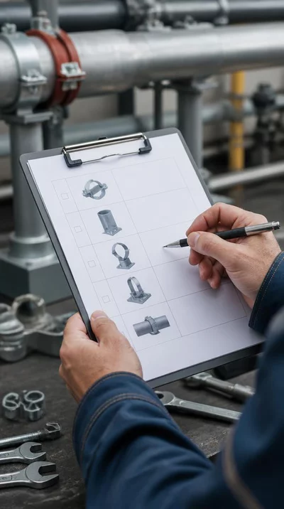 Person reviewing a practical checklist for pipe support replacement, with tools in the background