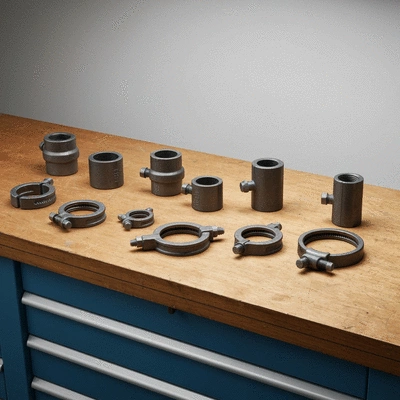 Various types of pipe clamps displayed on a clean workbench