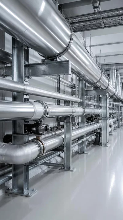 Industrial pipes supported by various fixtures in a modern facility