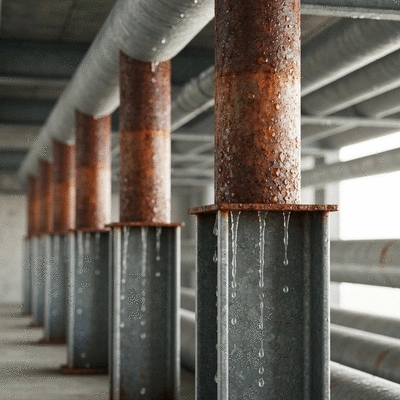 Industrial pipes in a humid environment showing signs of corrosion, no text, no words, no typography, 8K