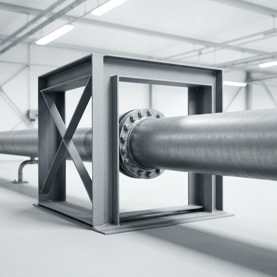 Gros plan sur une console de supportage en acier robuste fixant une tuyauterie dans un environnement industriel propre, lumi&egrave;re naturelle, pas de texte, pas de mots, pas de typographie, 8K