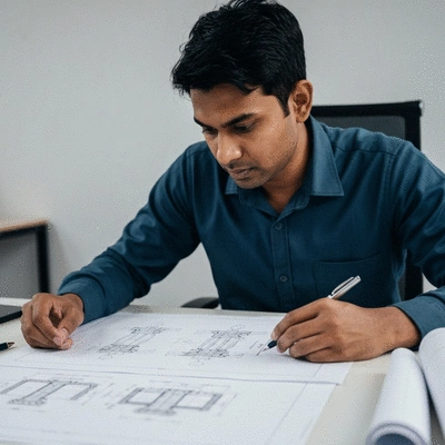 Engineer reviewing blueprints and technical drawings for piping supports