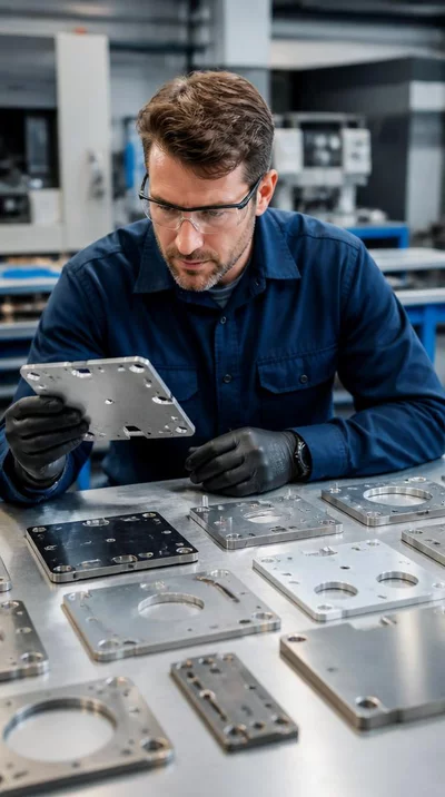 Expert examining different types of mounting plates on a workbench