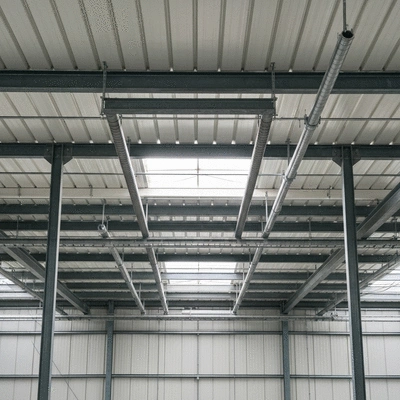 Système de supportage de tuyauterie CVC, propre et moderne, avec des tuyaux et des conduits bien fixés au plafond d'un bâtiment industriel, lumière naturelle, pas de texte, pas de mots, pas de typographie, propre image