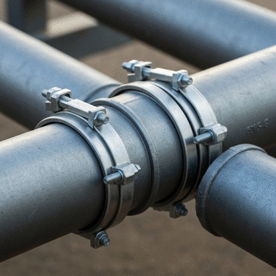 Close-up of industrial pipes with anti-vibration clamps correctly installed
