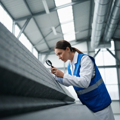 Engineer inspecting acoustic insulation panels in an industrial setting