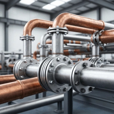 Industrial pipes with various types of fixings and supports