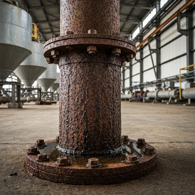 Support de tuyauterie corrodé montrant de la rouille et de l'humidité