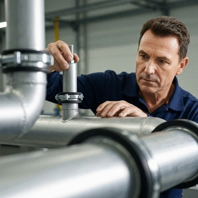 Engineer inspecting anti-vibration pipe clamps in an industrial setting