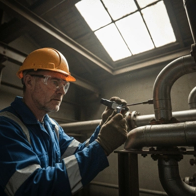 Industrial worker inspecting pipes for corrosion