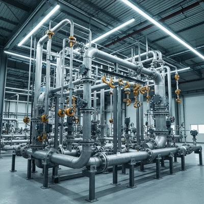Industrial piping system with supports in a factory environment
