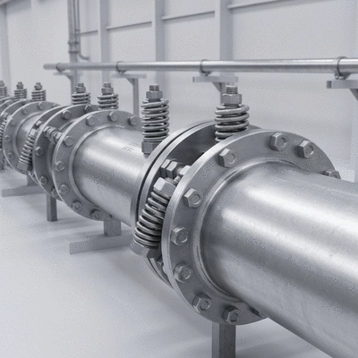 Industrial pipeline with multiple spring nuts ensuring stable and durable connections, clean and modern industrial setting, no text, no words, no typography, 8K
