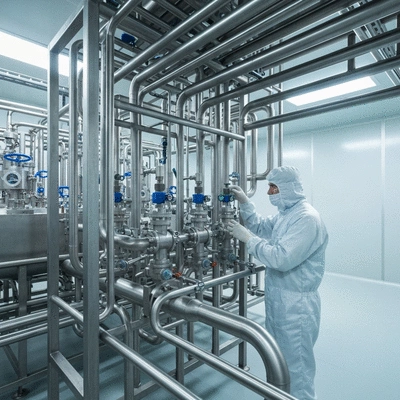 Engineer inspecting hygienic pipeline connections in a pharmaceutical facility