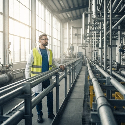 Engineer inspecting industrial pipes with support accessories