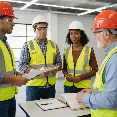 Construction site safety training session with diverse workers
