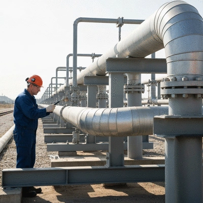 Industrial pipeline with support structures under inspection