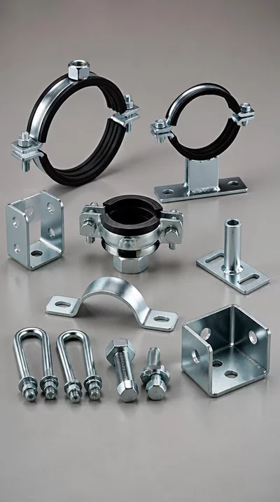 A variety of pipe support components, including clamps and brackets, neatly arranged on a workbench